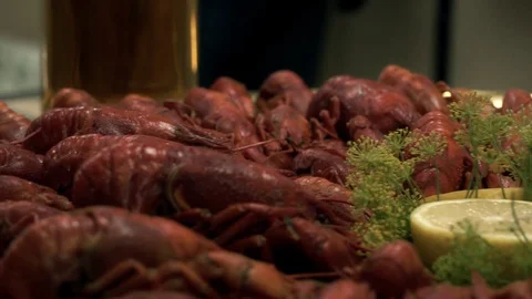 Boiled crawfish on the plate on table Stock Footage 114122430