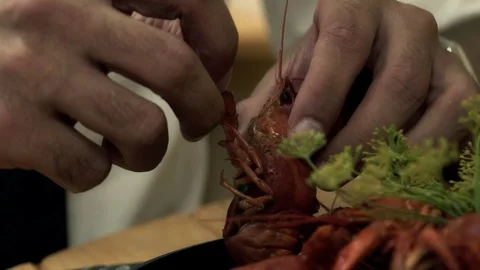 Boiled crawfish on the plate on table Stock Footage 122999513