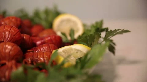 Boiled crayfish with herbs and Lemon Stock Footage 51017055