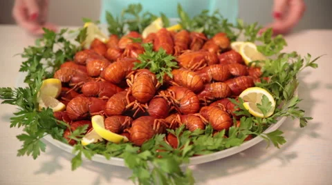 Boiled crayfish with herbs and Lemon Stock Footage 51017217