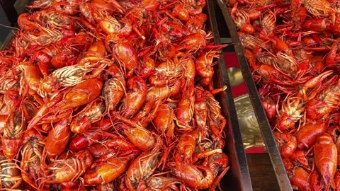 Boiled crayfish on an iron plate. Boiled red crayfish background. top view.. Stock Footage 333570294
