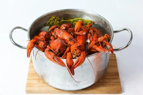 Boiled crayfish in pan Stock Photos