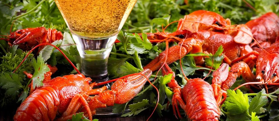 Boiled crayfish on the table Stock Photos