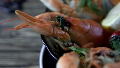 Boiled crayfish on wooden background Stock Footage 106924720