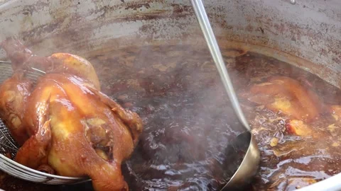 Boiled duck in stew with sauce or stewed duck and hot in stainless pot Stock Footage 141306180