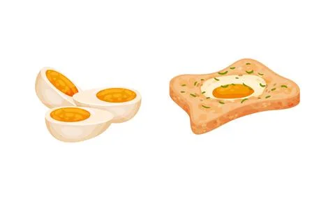 Boiled Egg and Scrambled Egg on Bread Slice Vector Set 스톡 일러스트