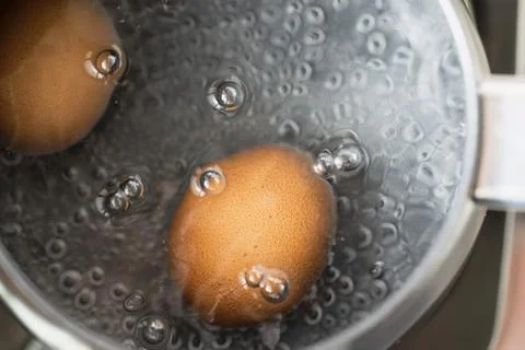 Boiled egg cooking close up Stock Photos