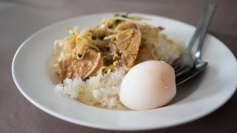 ?Boiled egg, Fried bean sprouts to put tofu on rice in white dish, Concept He Stock Photos