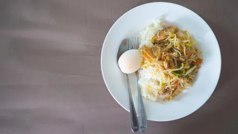 ?Boiled egg, Fried bean sprouts to put tofu on rice in white dish, Concept He Stock Photos
