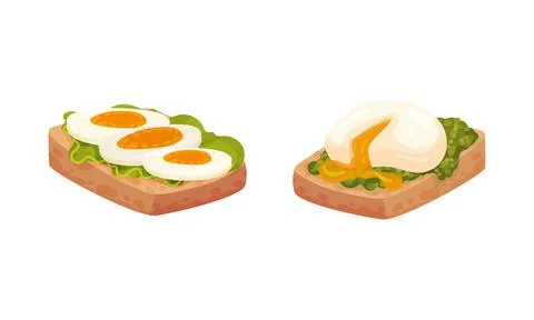 Boiled Egg Rested on Bread Slice as Appetizing Meal Vector Set Illustrazione stock