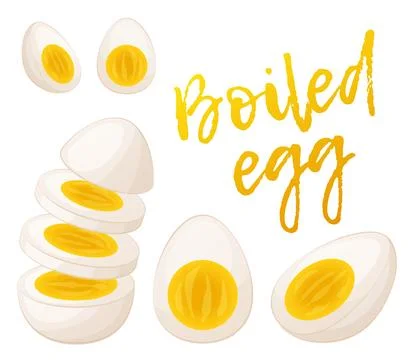 Boiled egg without shell vector icon, cooked eggs halves and slices cartoon Stock Illustration
