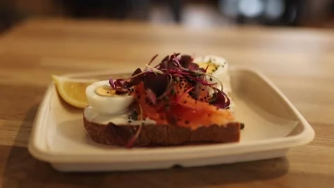 Boiled Eggs and Salad on a Slice of Bread For Lunch Stock Footage 141135911
