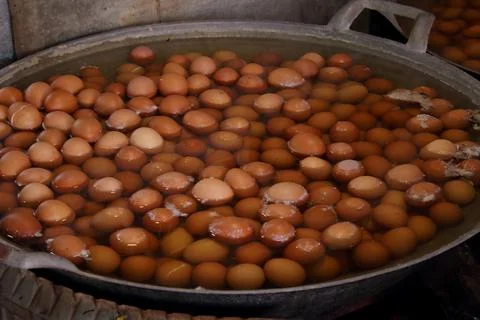 Boiled eggs in big pan. Stock Photos