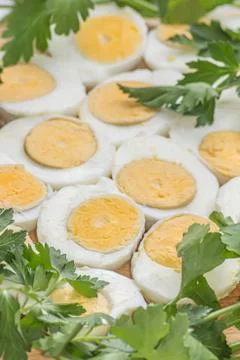 Boiled eggs cut in halves Stock Photos