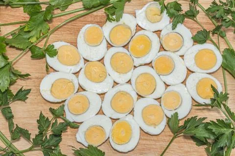 Boiled eggs cut in halves Stock Photos