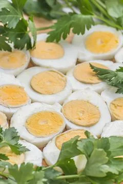 Boiled eggs cut in halves Stock Photos