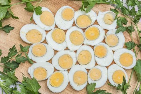 Boiled eggs cut in halves Stock-Fotos