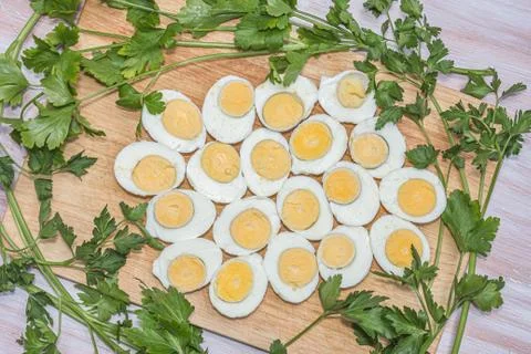 Boiled eggs cut in halves Stock Photos