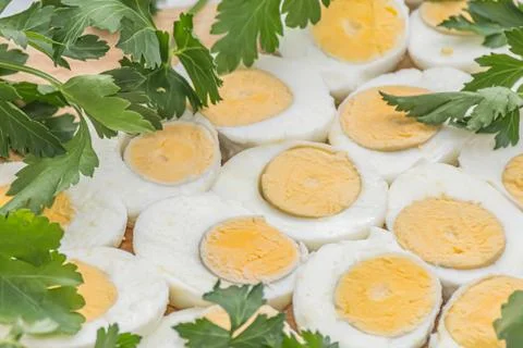 Boiled eggs cut in halves Stock Photos