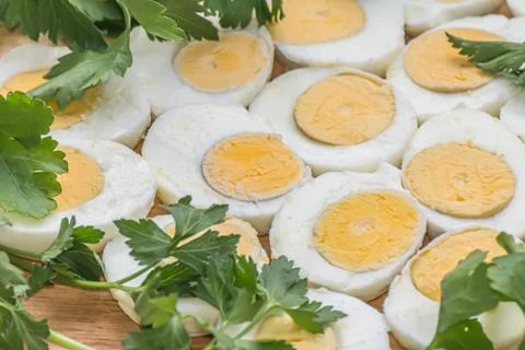 Boiled eggs cut in halves Stock Photos
