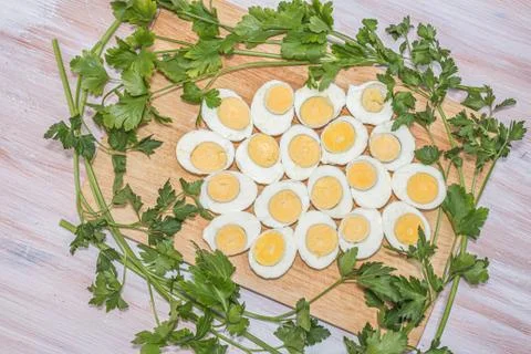 Boiled eggs cut in halves Stock Photos