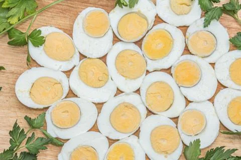 Boiled eggs cut in halves Stock Photos