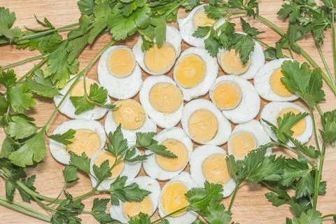 Boiled eggs cut in halves Stock Photos