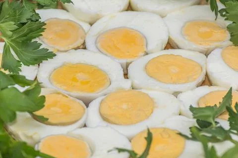 Boiled eggs cut in halves Stock Photos