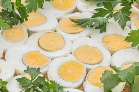 Boiled eggs cut in halves Stock Photos