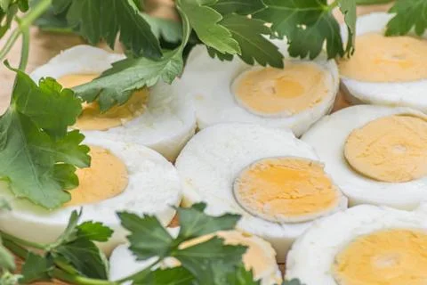 Boiled eggs cut in halves Stock Photos