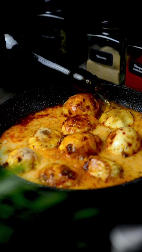 Boiled eggs in a frying pan. Eggs cooked in Chinese Stock Footage 247199014