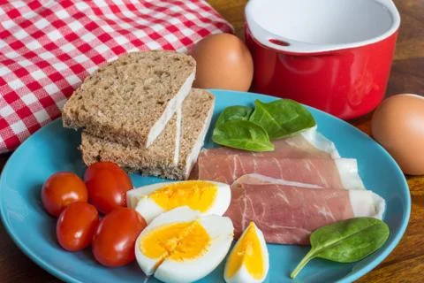 Boiled eggs with ham and bread breakfast on blue plate Stock Photos