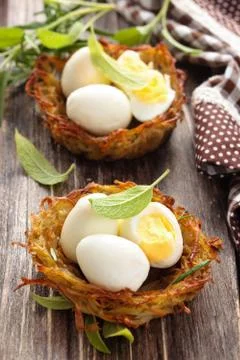 Boiled eggs in nests. Stock Photos