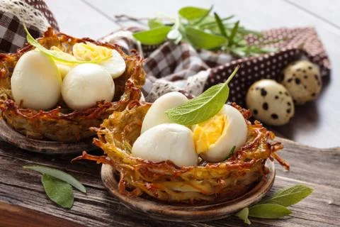 Boiled eggs in nests. Stock Photos