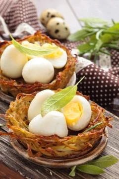 Boiled eggs in nests. Stock Photos