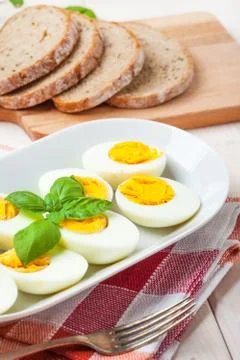 Boiled eggs on a platter. Stock Photos