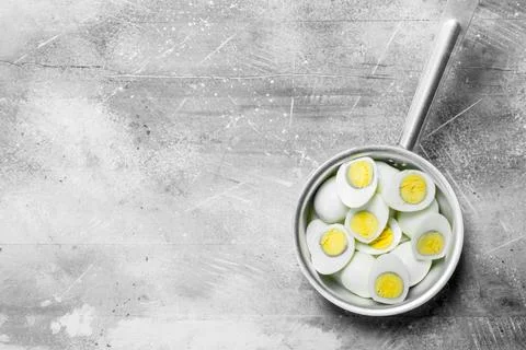 Boiled eggs in a saucepan. Stock Photos
