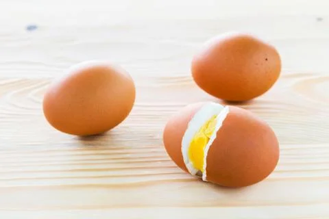 Boiled eggs, three eggs are lined. Stock Photos