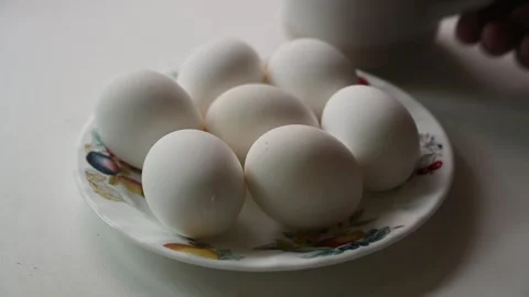 Boiled Eggs on a White Plate for Healthy High Protein Eating Stock Footage 345340967