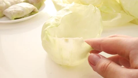 Boiled lettuce leaves. step by step cooking cabbage rolls stuffed Stock Footage 271135620
