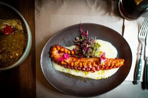 Boiled limb of octopus with tentacles over mushed potatoes Stock Photos