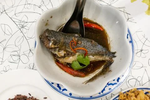Boiled mackerel on dish Stock Photos