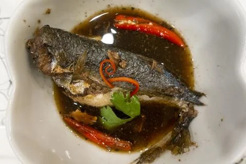 Boiled mackerel on dish Stock Photos