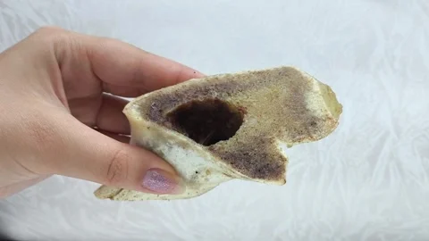 Boiled marrow bone for cooking broth, bouillon in a womans hand. The benefits of Stock Footage 316116916