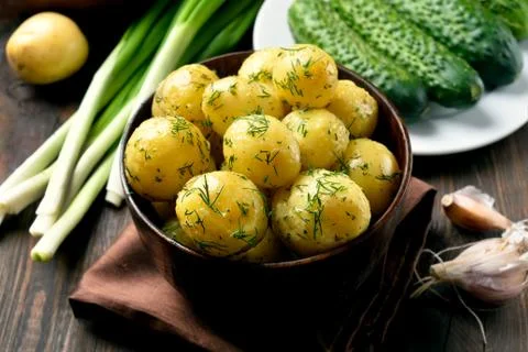 Boiled potatoes with dill Stock Photos