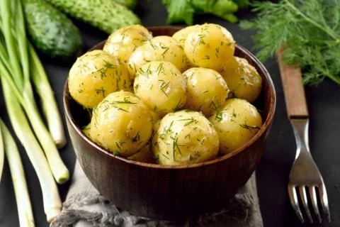 Boiled potatoes with dill Stock Photos