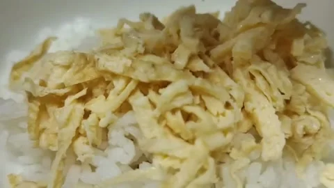 Boiled rice with coriander and omelette Stock Footage 225044730