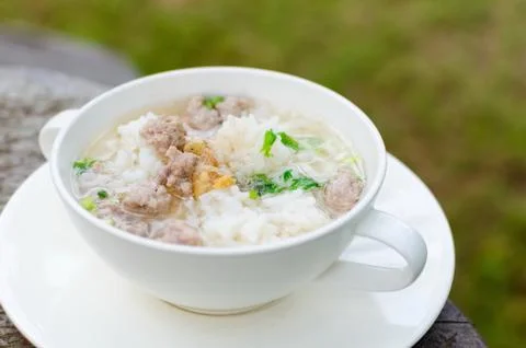 Boiled rice with pork Stock Photos