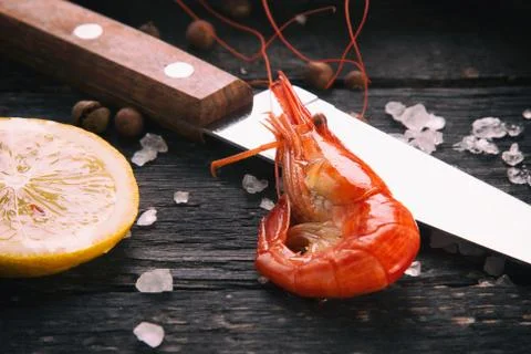 Boiled shrimp on the table Stock Photos