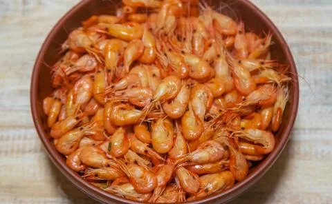 Boiled shrimp on the table. Selective focus. Stock Photos